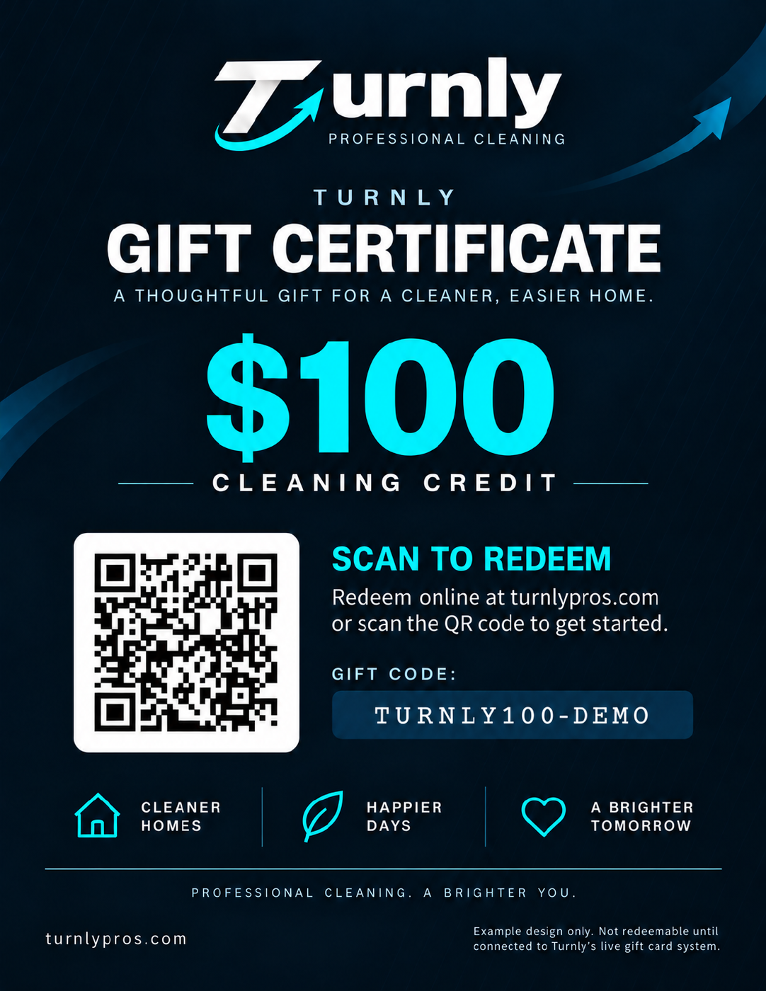 Turnly full-page $100 cleaning gift certificate design. Purchase generates a unique gift code and QR code.